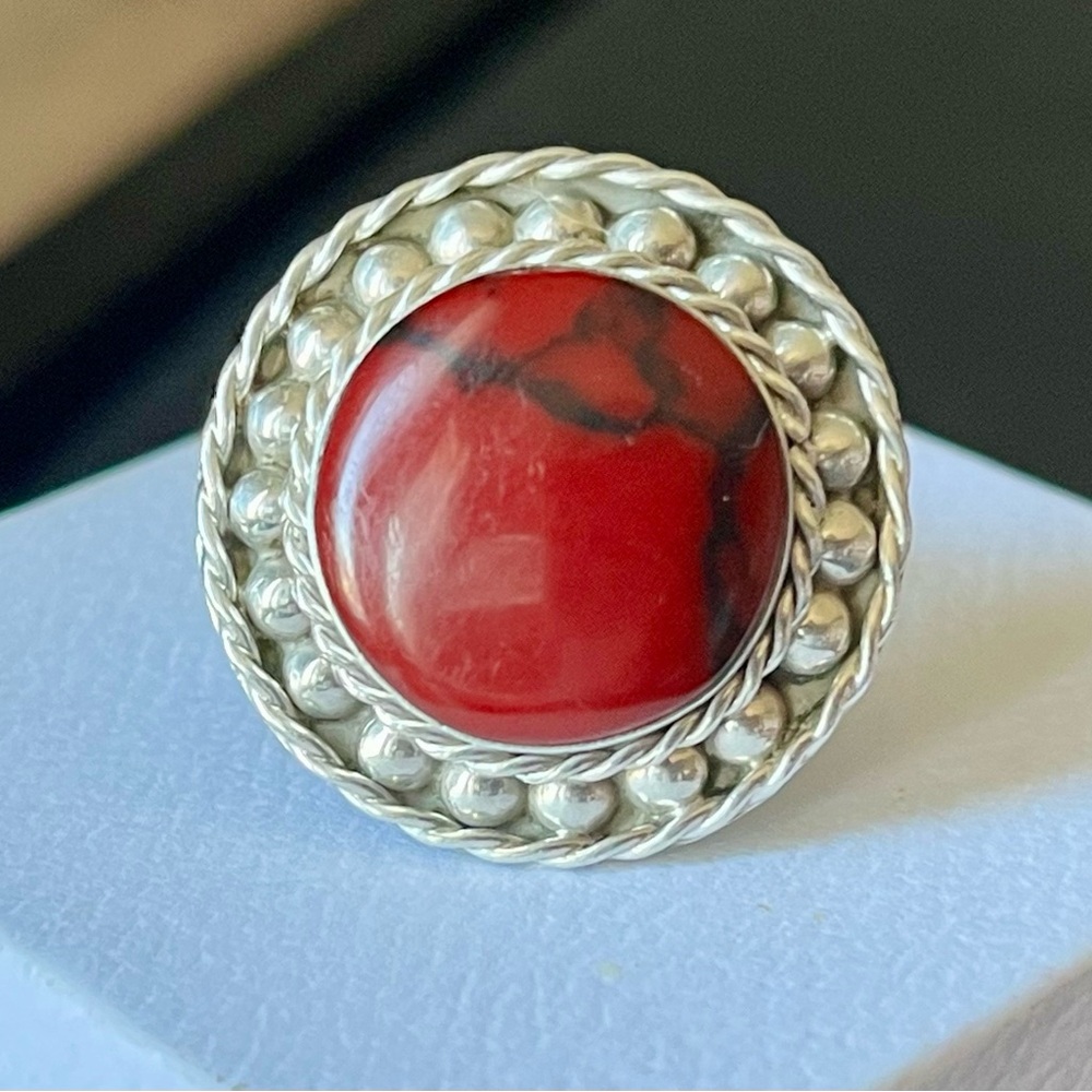 Vintage Mexico 925 Sterling Silver Red Jasper Ring - Artisan Cabochon Statement